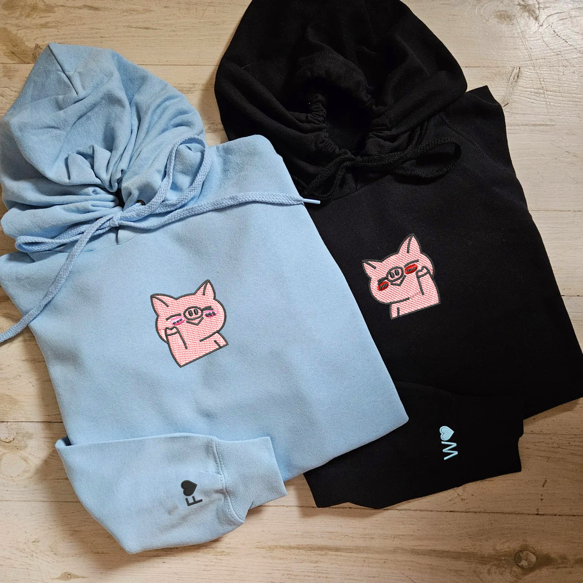 Custom Embroidered Waving Pigs Matching Hoodies for Couples