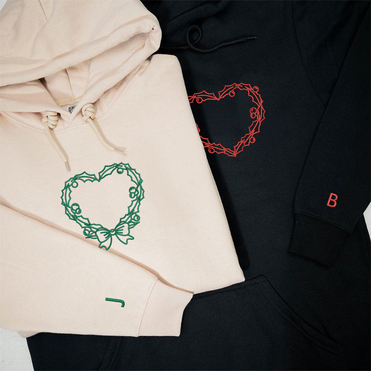 Custom Embroidered Wreath Hearts Matching Hoodies for Couples