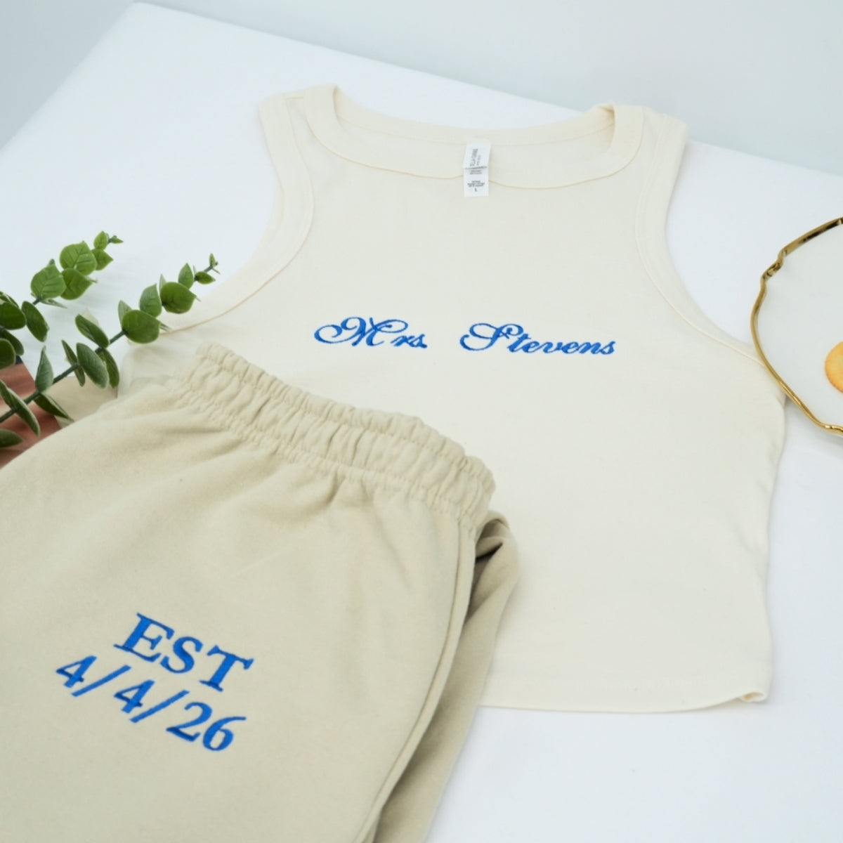 Custom Mrs Pajama Set - Personalized Embroidered Tank Jogger - Anniversary Wedding Gift