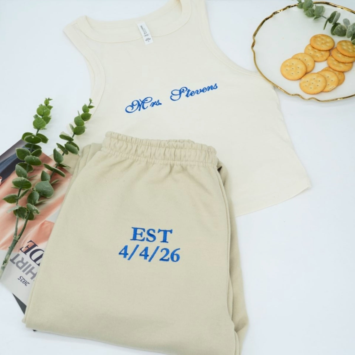 Custom Mrs Pajama Set - Personalized Embroidered Tank Jogger - Anniversary Wedding Gift