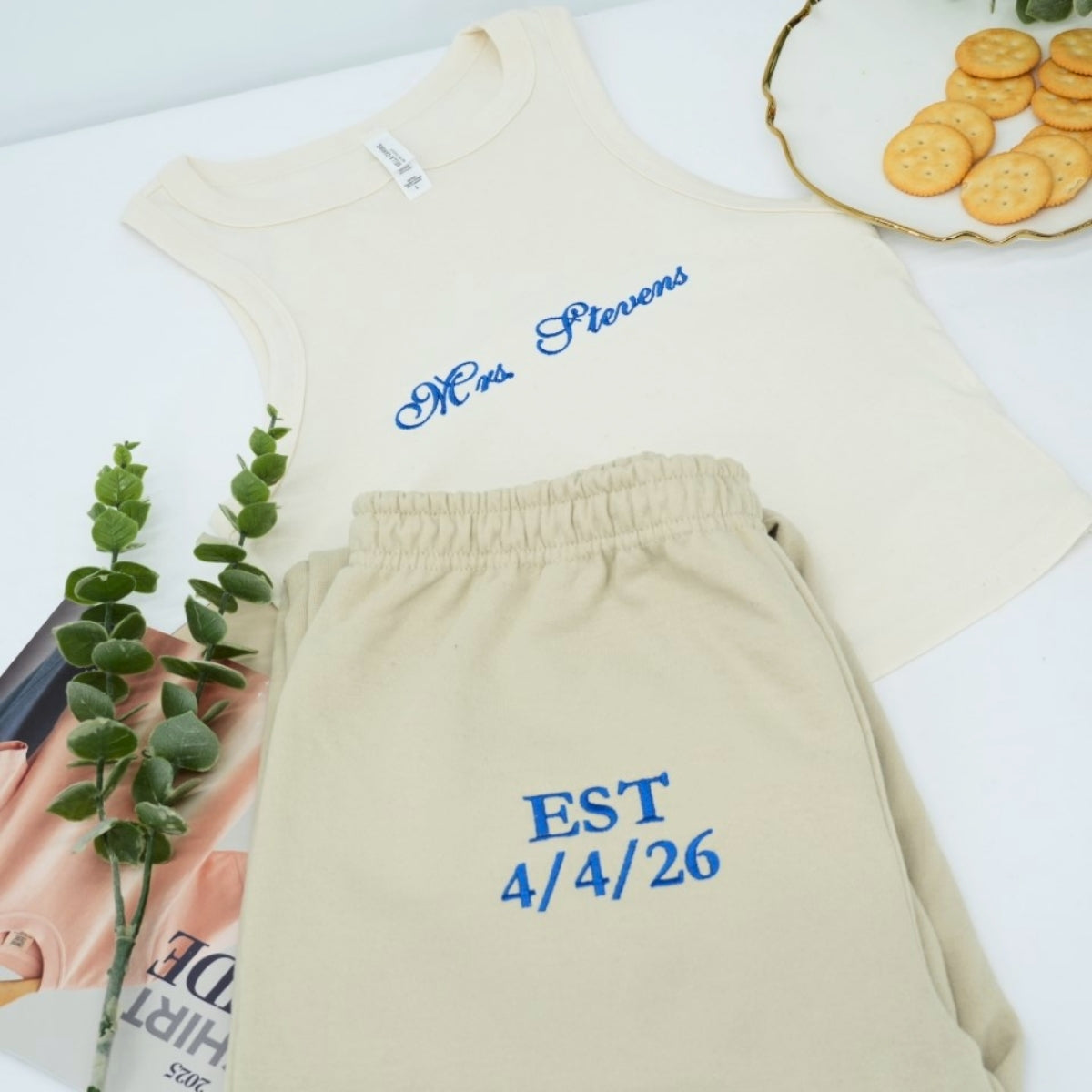 Custom Mrs Pajama Set - Personalized Embroidered Tank Jogger - Anniversary Wedding Gift