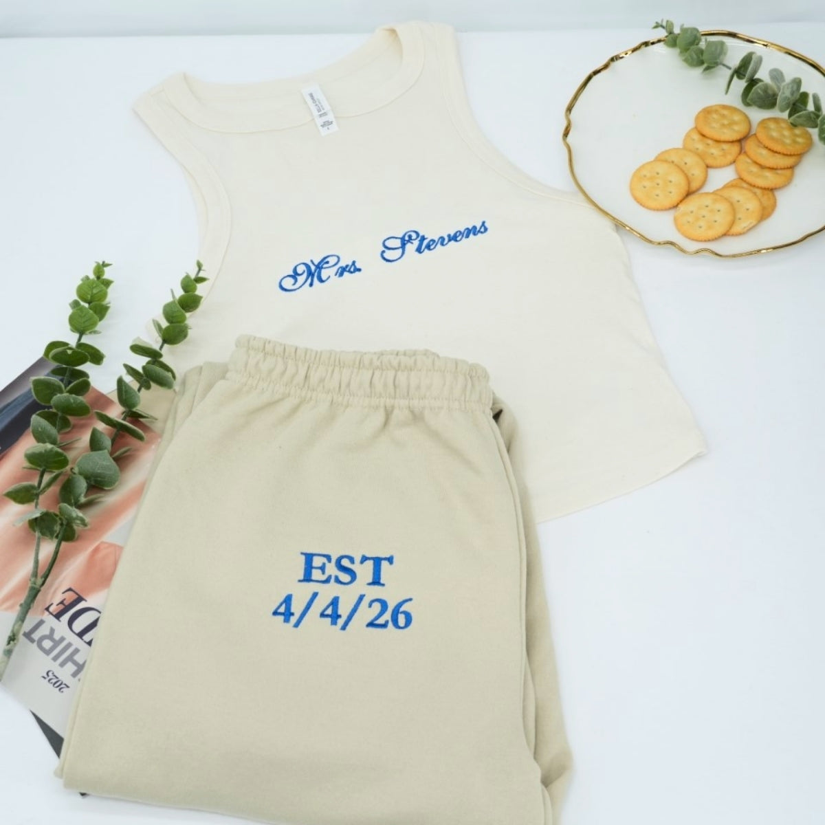 Custom Mrs Pajama Set - Personalized Embroidered Tank Jogger - Anniversary Wedding Gift