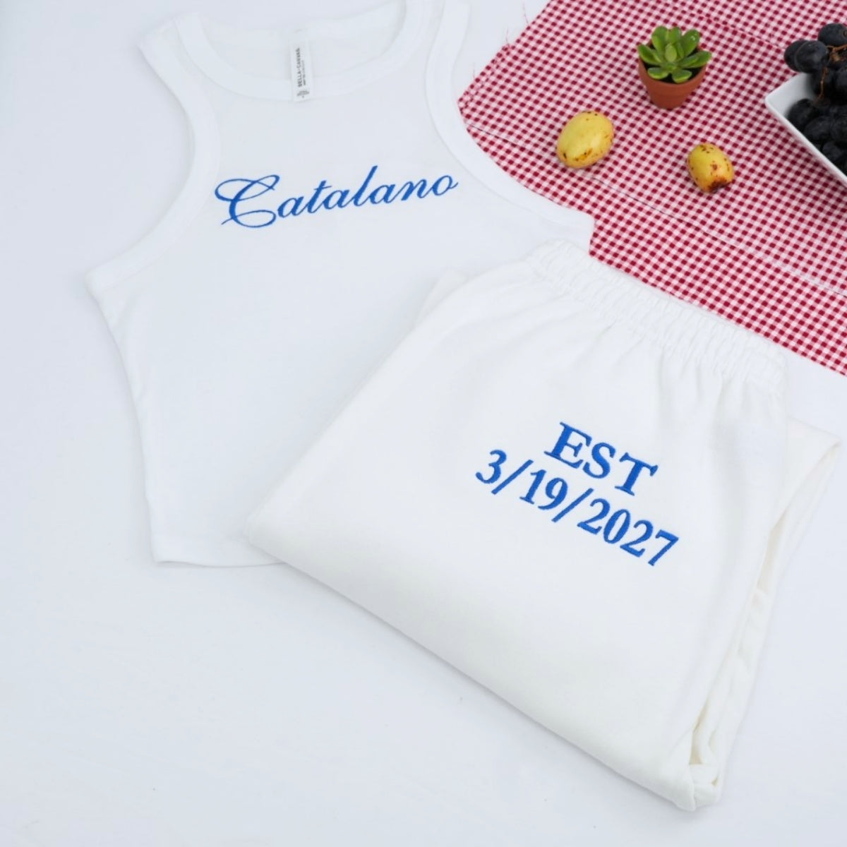 Custom Mrs Pajama Set - Personalized Embroidered Tank Jogger - Anniversary Wedding Gift