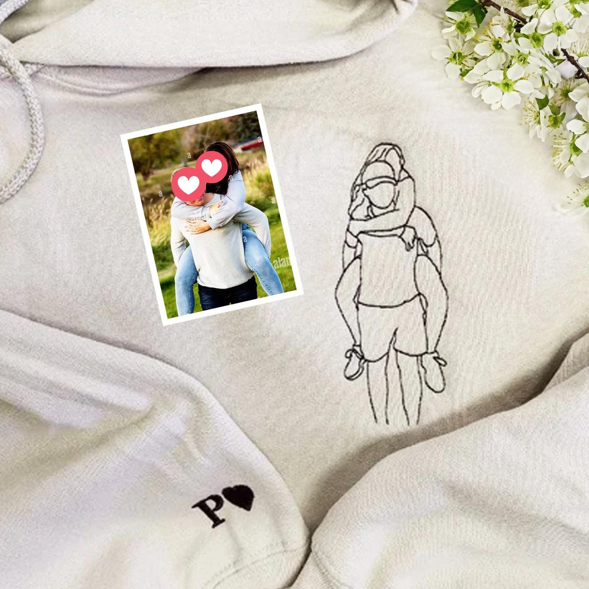 Custom Wedding Photo Embroidered Hoodie – Personalized Line Art Couple Sweatshirt – Anniversary Gift for Husband, Wife, or Newlyweds