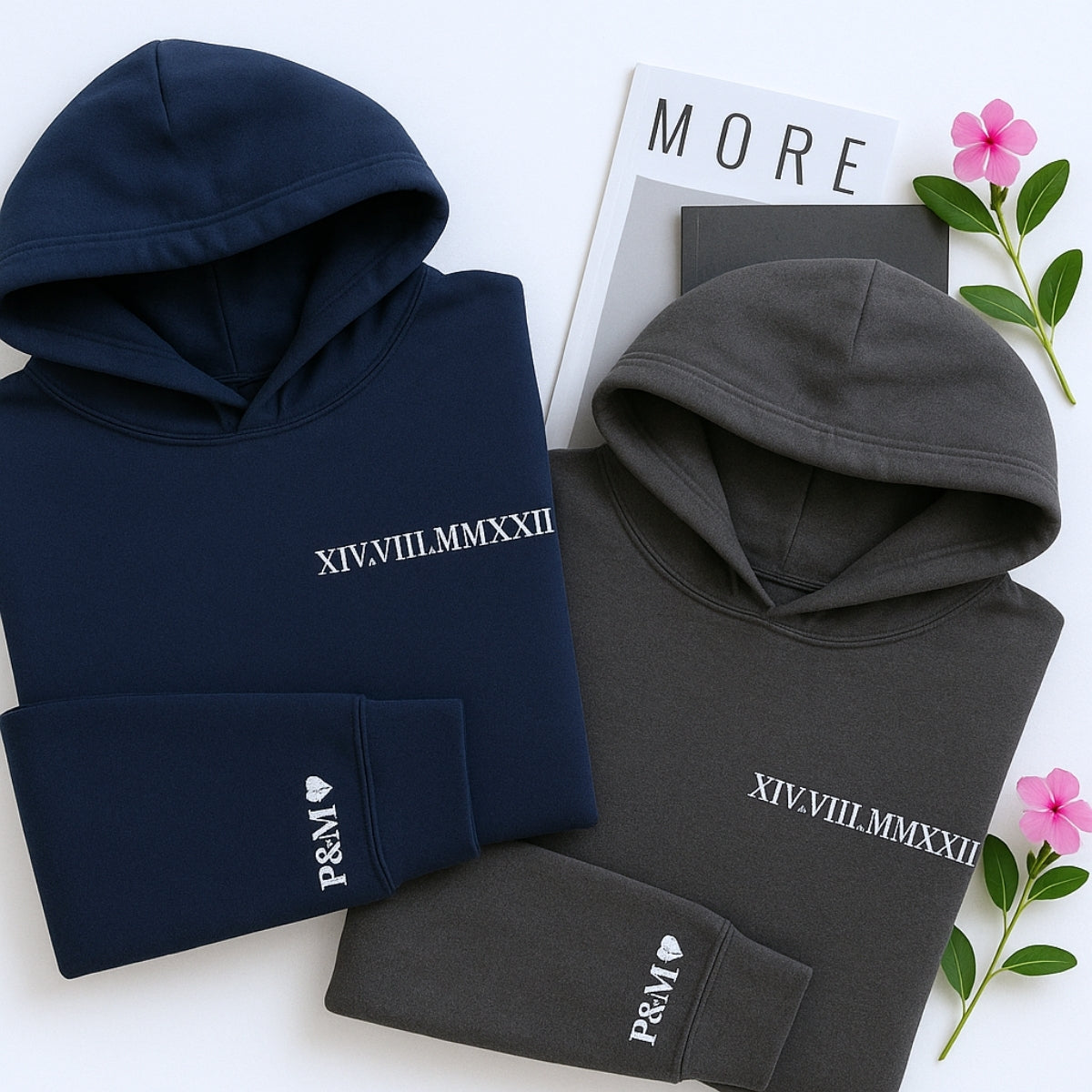 Custom Anniversary Hoodies Couples - Matching Roman Date Embroidered Sweatshirts - Wedding Anniversary Gift