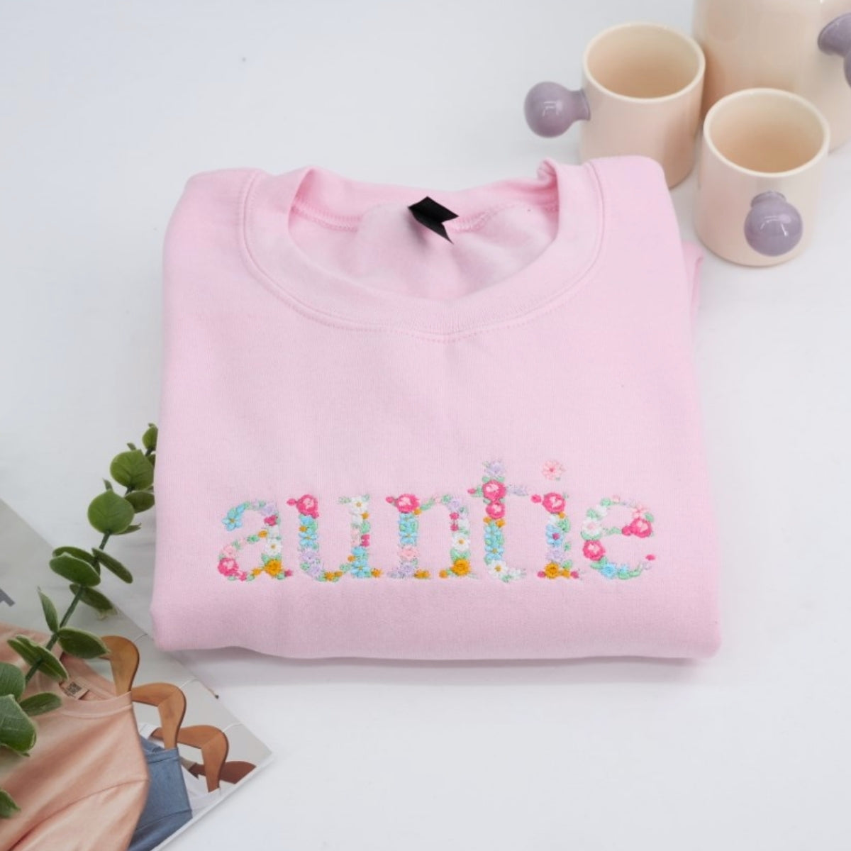 Custom Auntie Floral Sweatshirt - Aunt Embroidered Flower Letter Design - Perfect New Aunt Gift