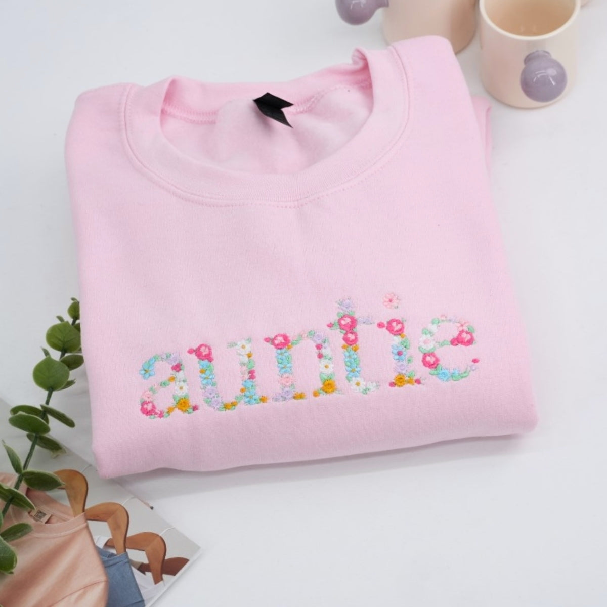 Custom Auntie Floral Sweatshirt - Aunt Embroidered Flower Letter Design - Perfect New Aunt Gift