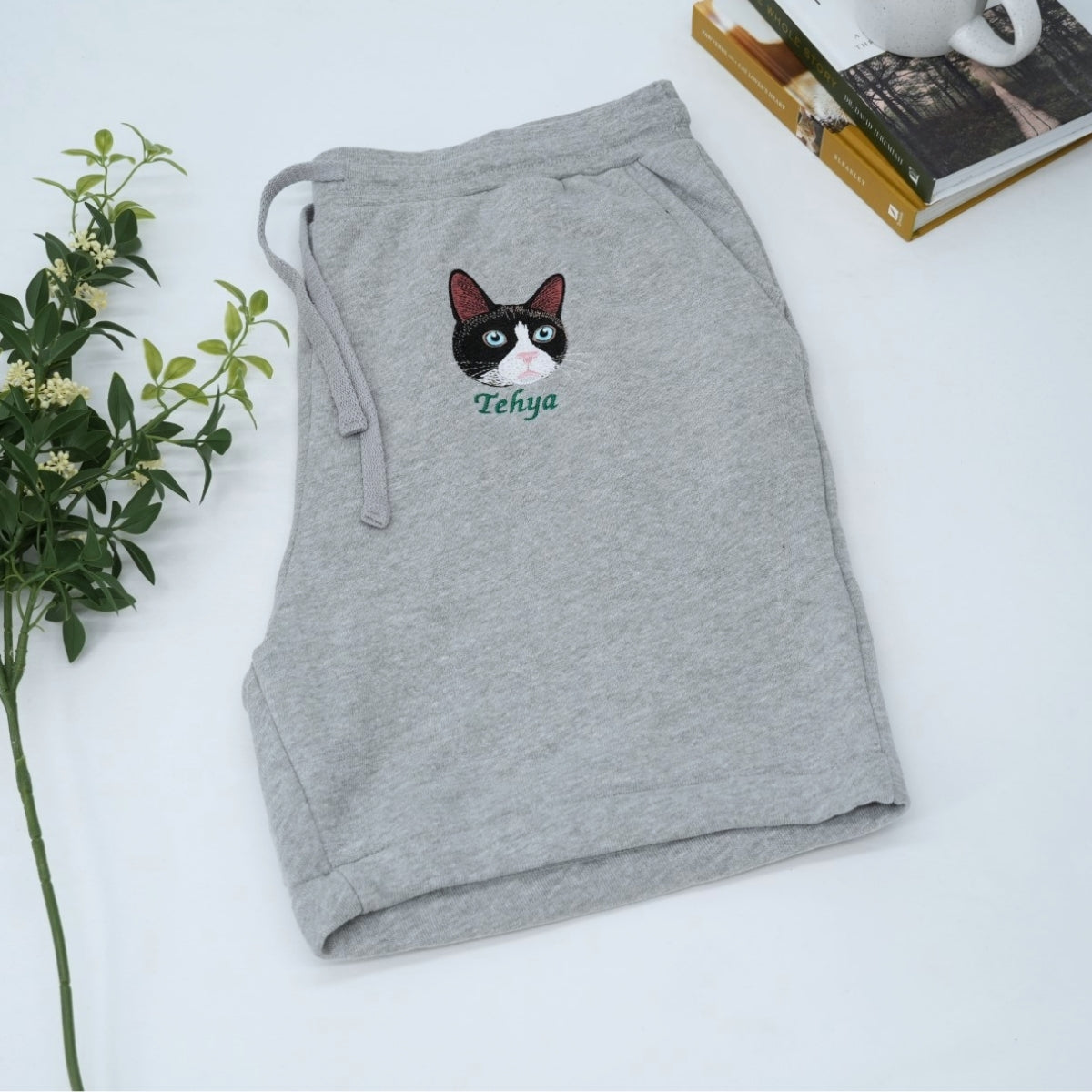 Custom Cat Portrait Shorts - Cat Face Embroidered Pet Parent Shorts - Premium Cat Mom Dad Gift