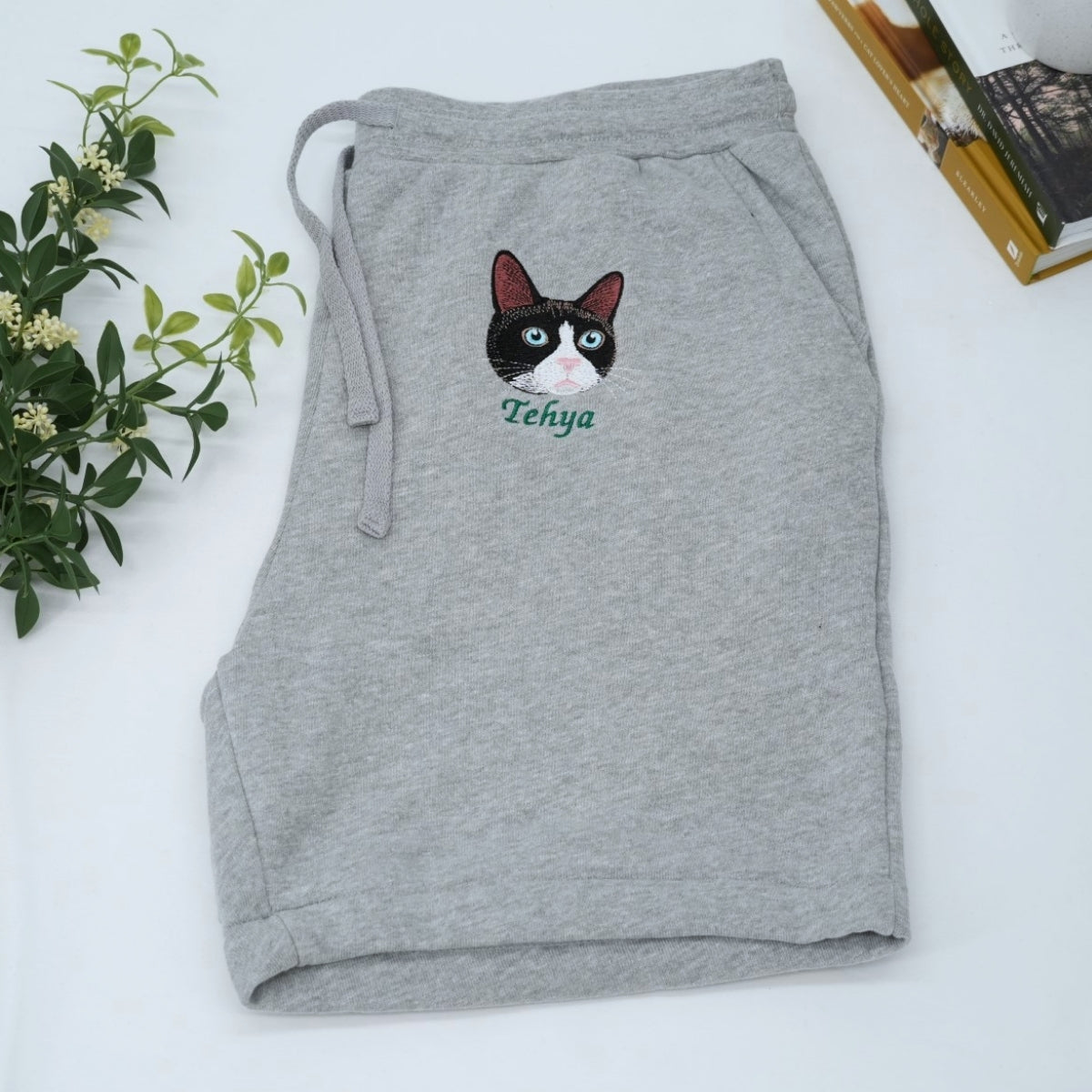Custom Cat Portrait Shorts - Cat Face Embroidered Pet Parent Shorts - Premium Cat Mom Dad Gift