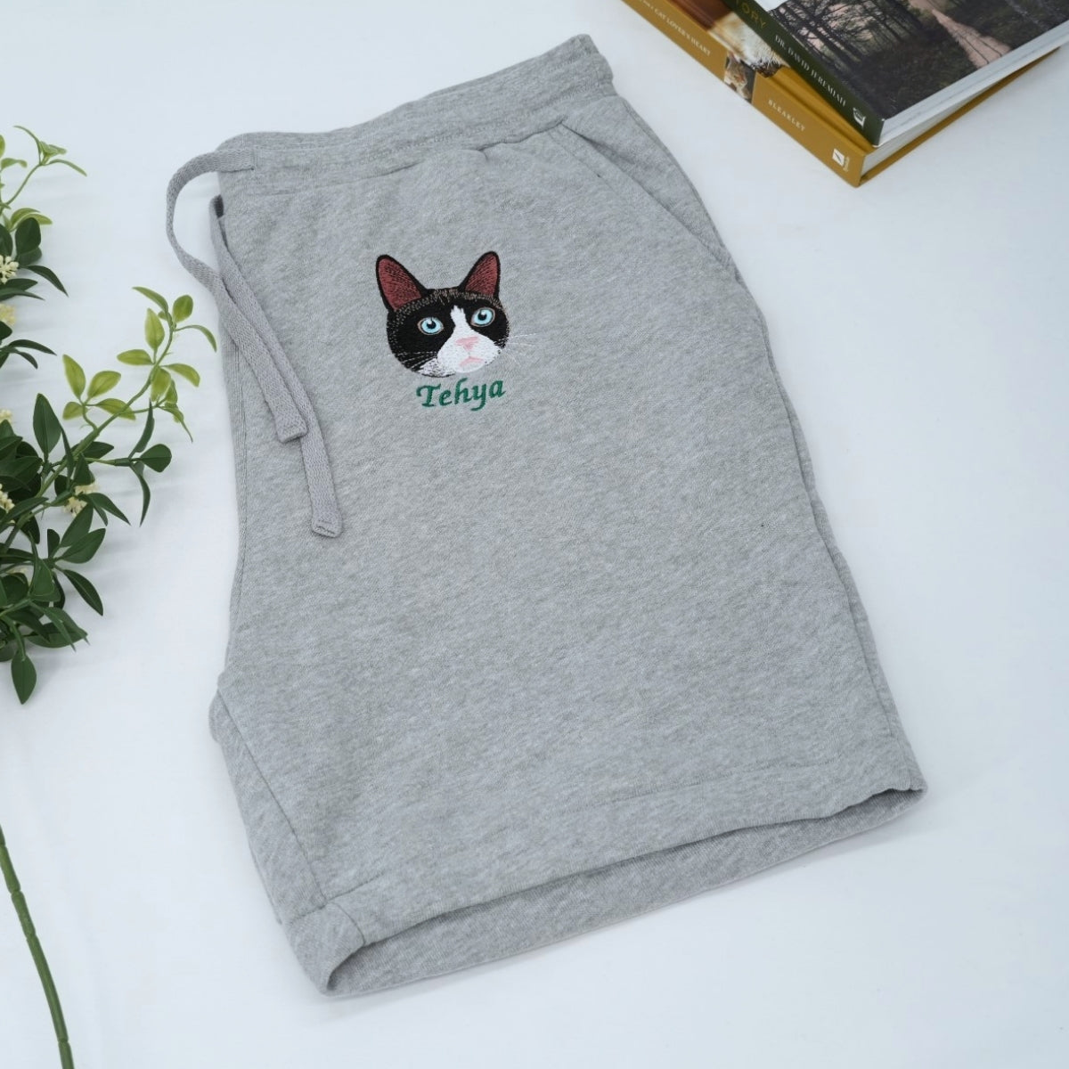 Custom Cat Portrait Shorts - Cat Face Embroidered Pet Parent Shorts - Premium Cat Mom Dad Gift