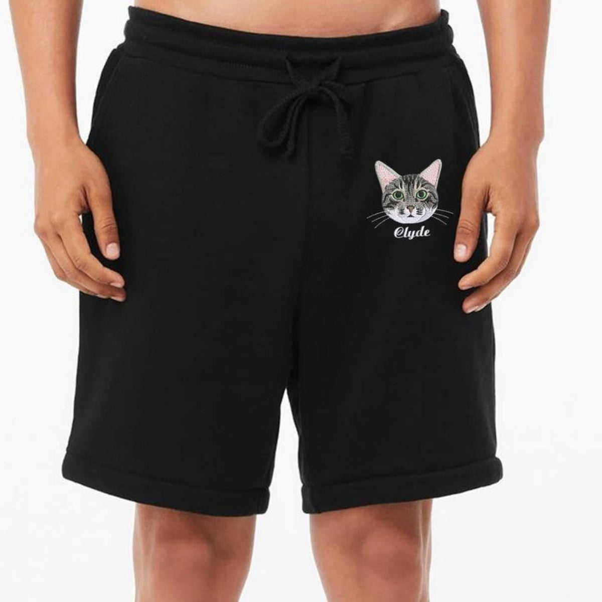 Custom Cat Portrait Shorts - Cat Face Embroidered Pet Parent Shorts - Premium Cat Mom Dad Gift