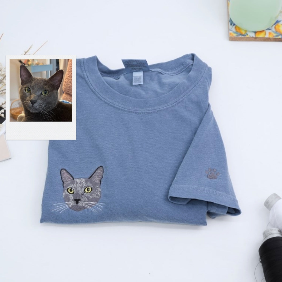 Custom Cat Portrait T-Shirt - Pet Face Embroidered Shirt From Photo - Personalized Cat Mom Gift