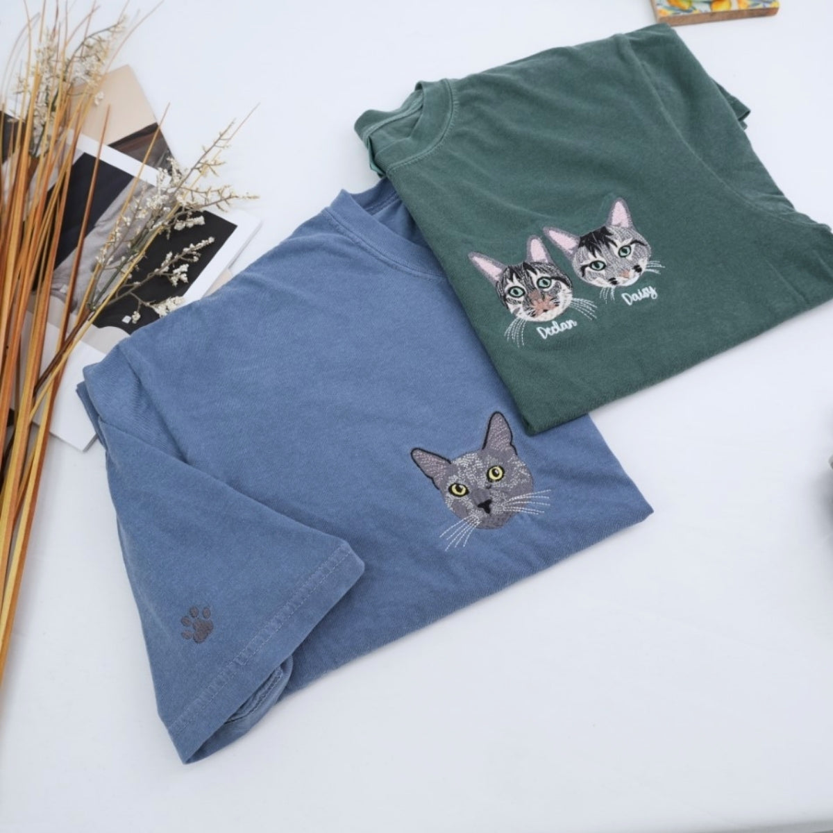 Custom Cat Portrait T-Shirt - Pet Face Embroidered Shirt From Photo - Personalized Cat Mom Gift