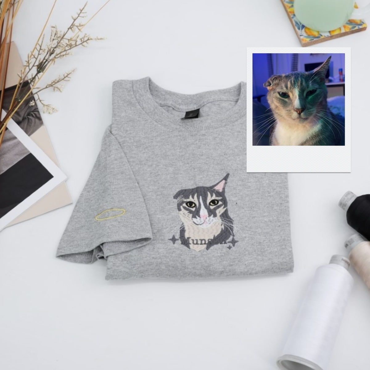 Custom Cat Portrait T-Shirts - Cat Face Embroidered Shirts - Personalized Pet Memorial Gift - Premium Quality Cat Lover Apparel