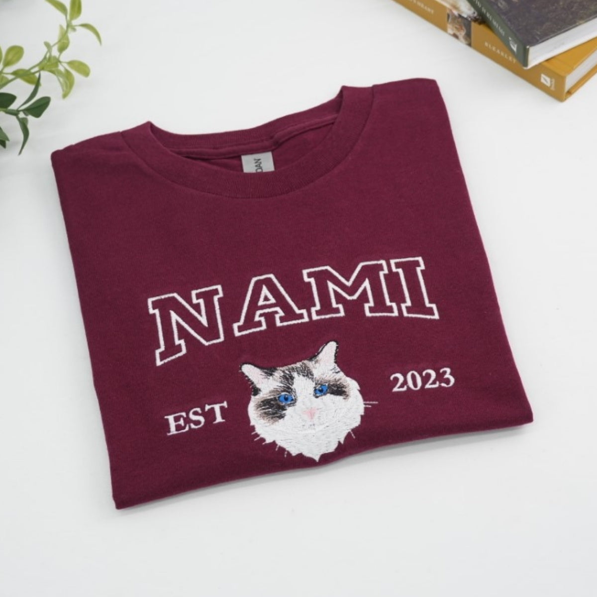 Custom Cat Portrait T-Shirts - Personalized Pet Face Embroidered Varsity Style - Cat Memorial Gift
