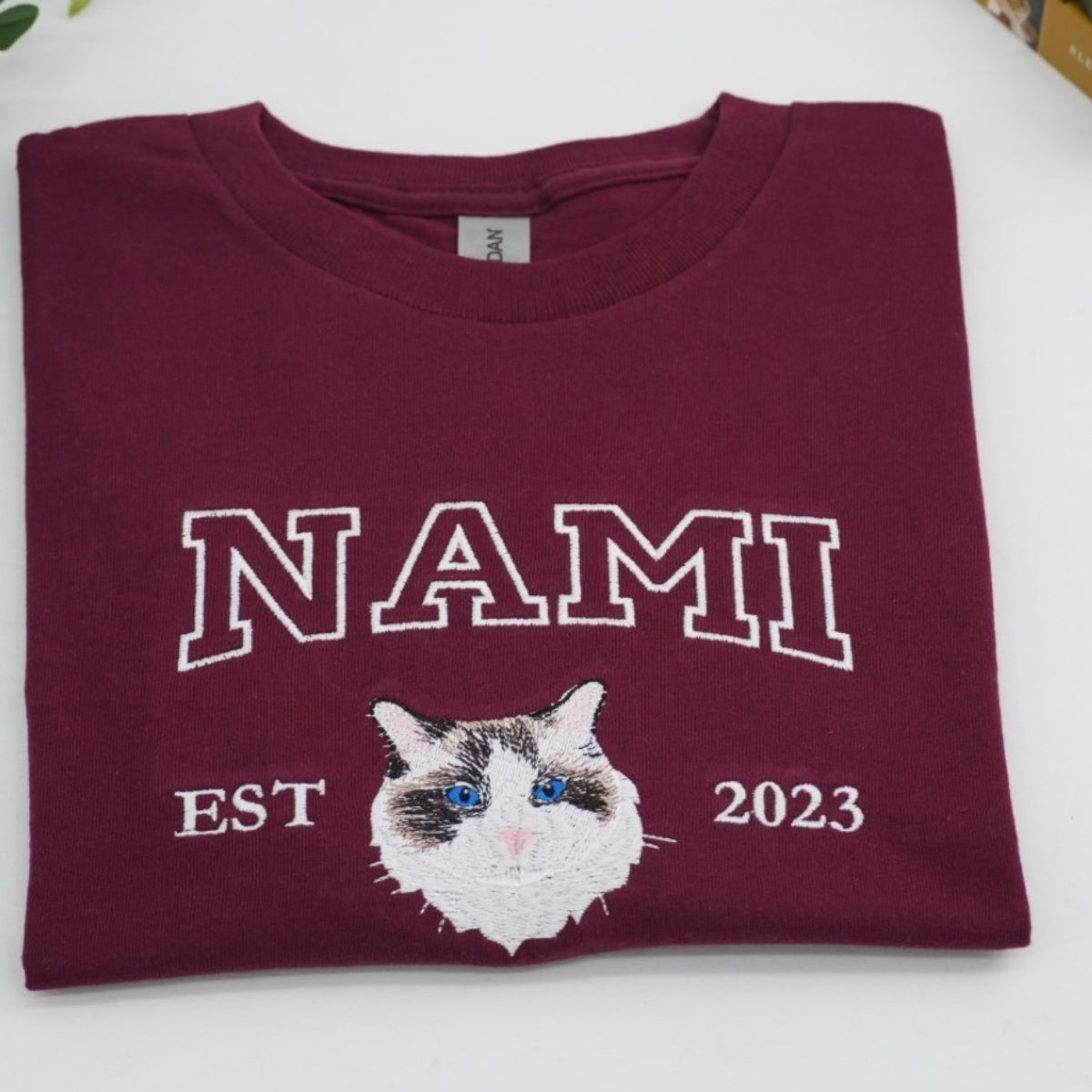 Custom Cat Portrait T-Shirts - Personalized Pet Face Embroidered Varsity Style - Cat Memorial Gift
