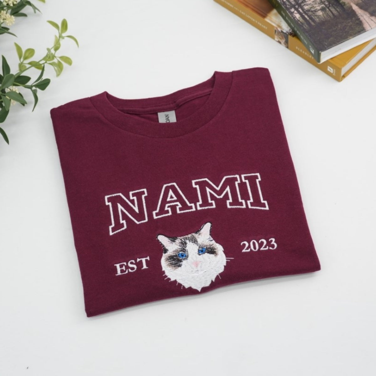 Custom Cat Portrait T-Shirts - Personalized Pet Face Embroidered Varsity Style - Cat Memorial Gift