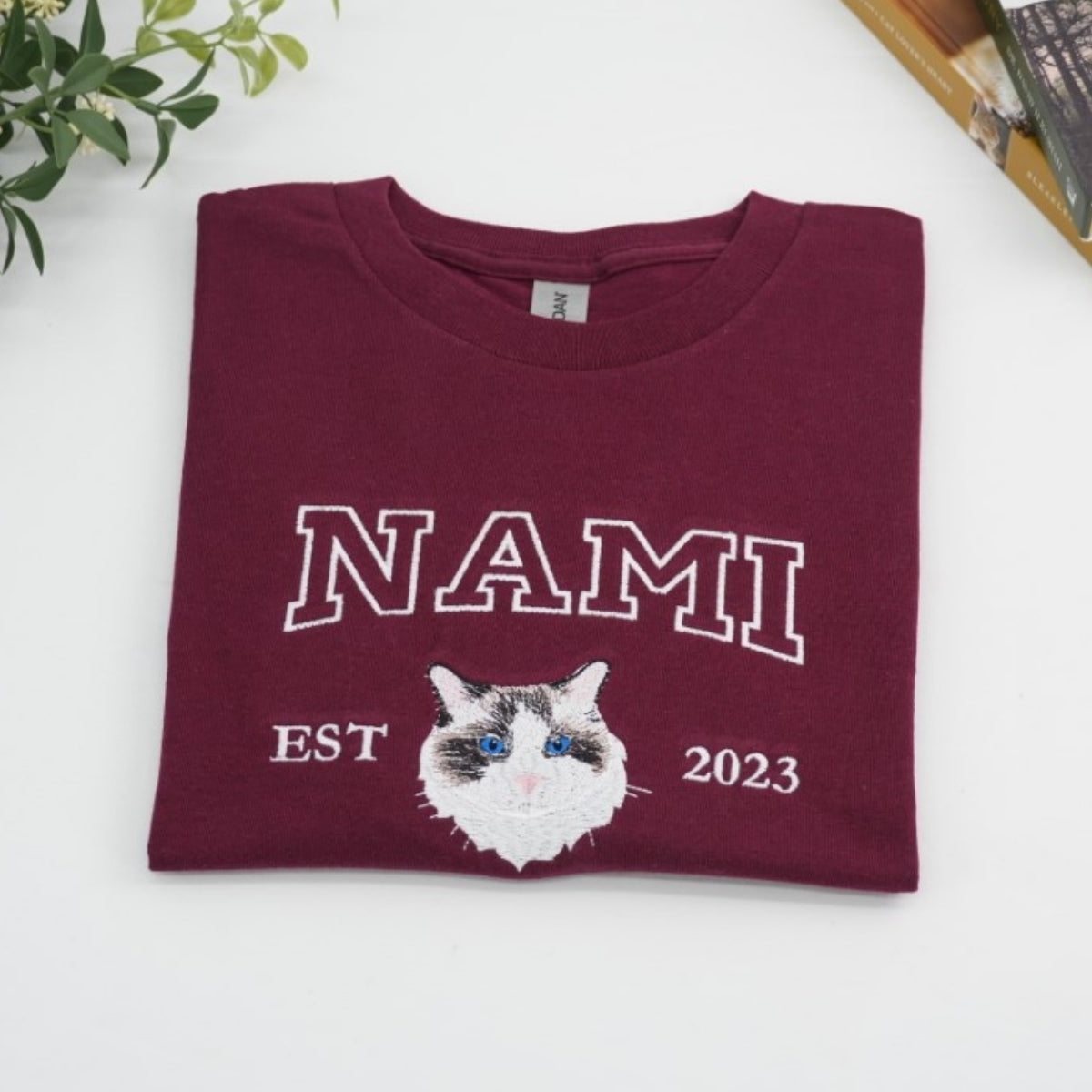 Custom Cat Portrait T-Shirts - Personalized Pet Face Embroidered Varsity Style - Cat Memorial Gift