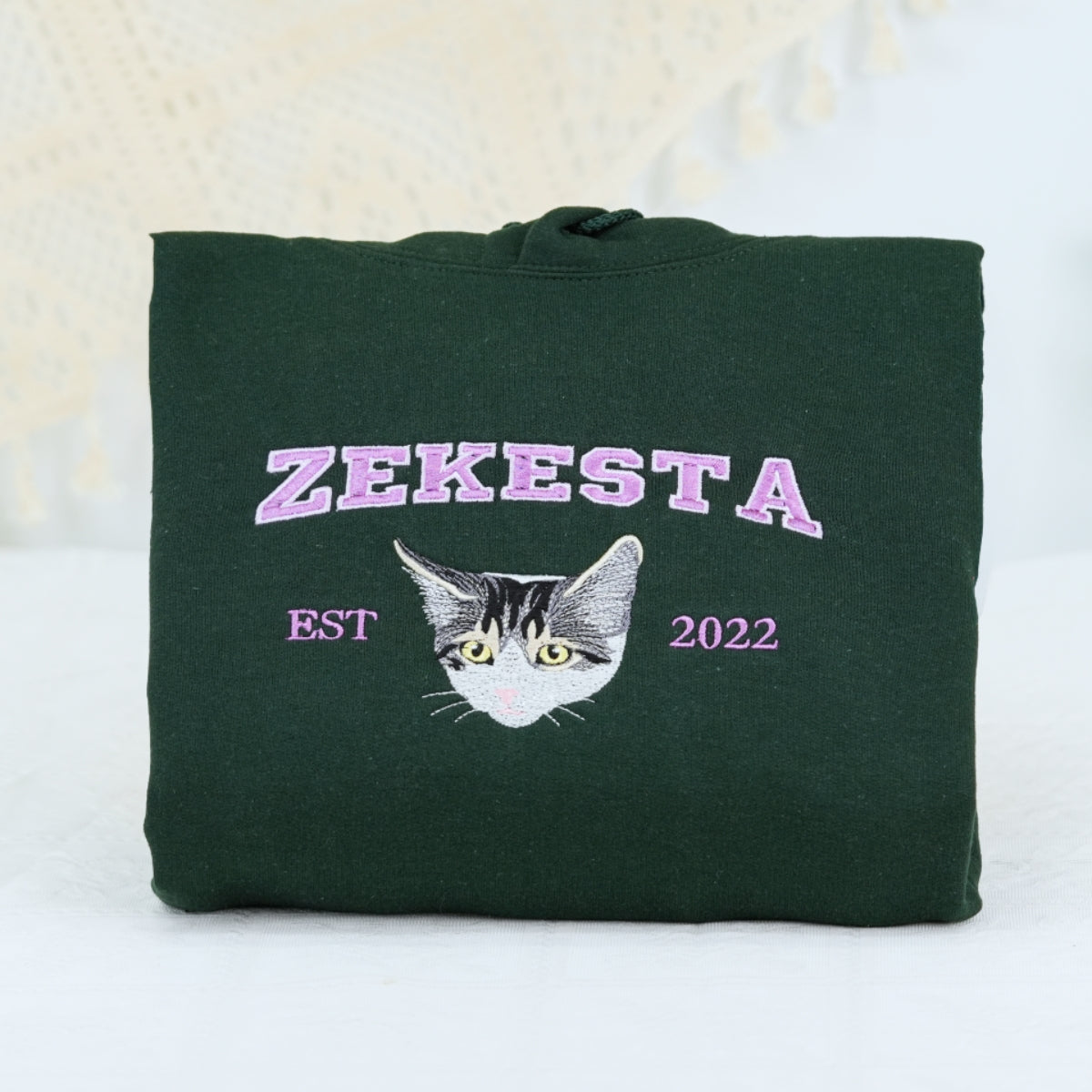Custom Cat Portrait Varsity Hoodies - Pet Face Embroidered Sweatshirts - Personalized Cat Lover Gift