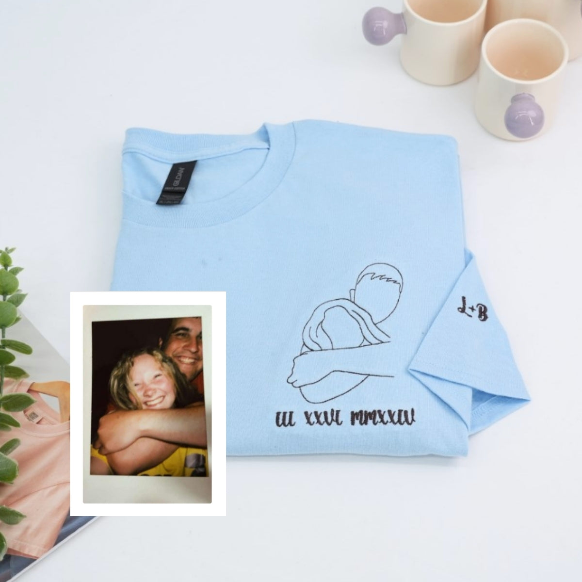 Custom Couple Photo T-Shirts - Outline Style Portrait Embroidered Apparel - Perfect Anniversary Gift