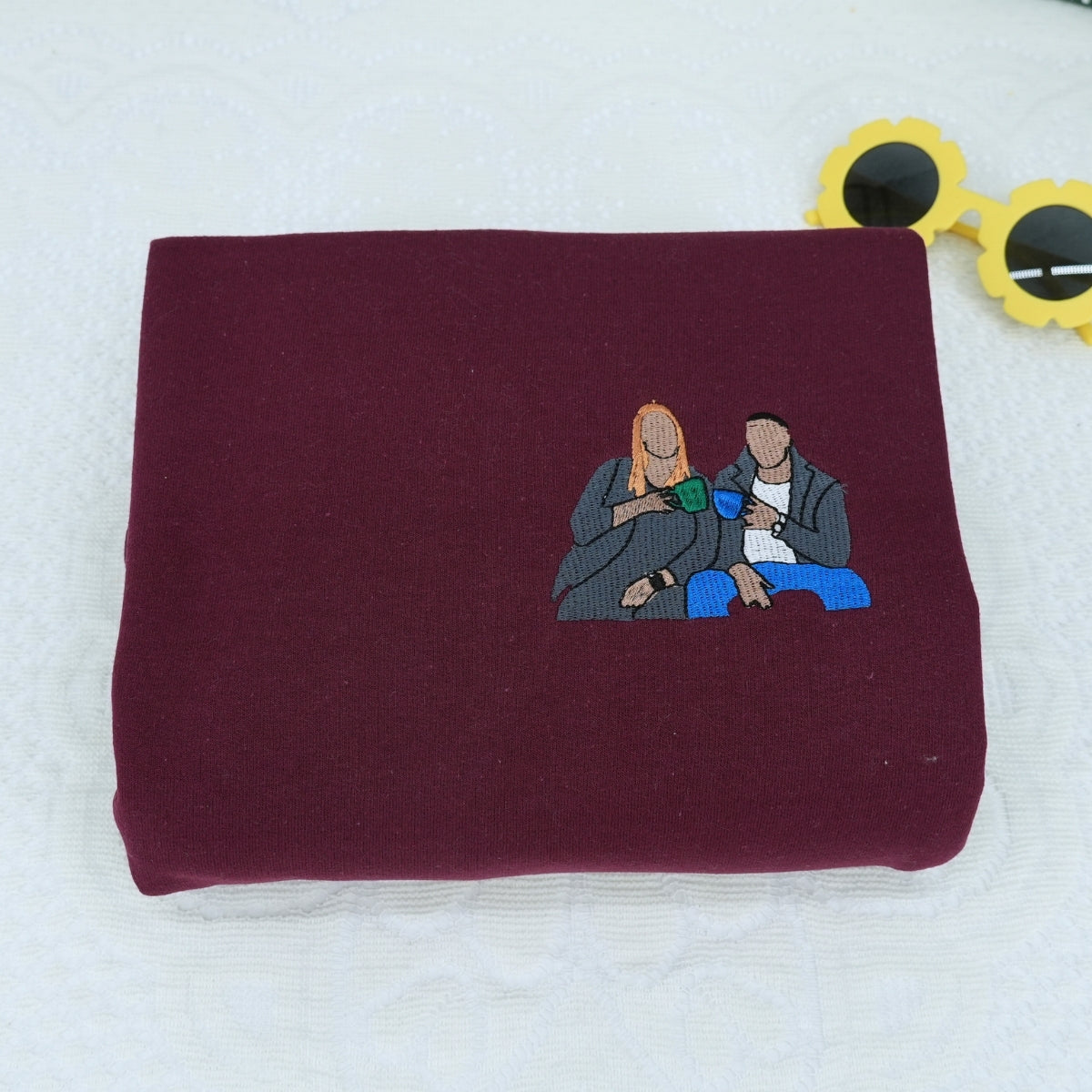 Custom Couple Portrait Hoodies - Anniversary Embroidered Sweatshirts - Personalized Roman Numeral Date Gift