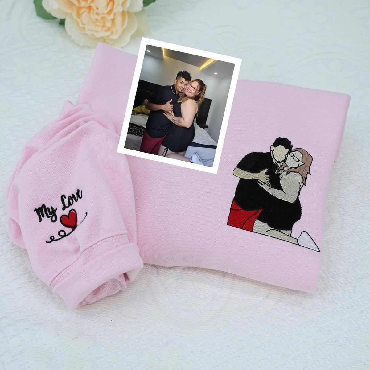 Custom Couple Portrait Hoodies - Anniversary Embroidered Sweatshirts - Personalized Roman Numeral Date Gift