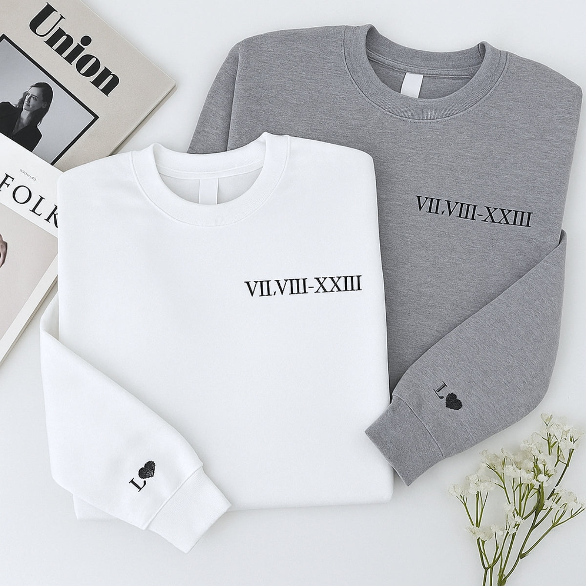 Custom Couples Crewneck Sweatshirts - Matching Roman Date Embroidered - Anniversary Valentine's Gift