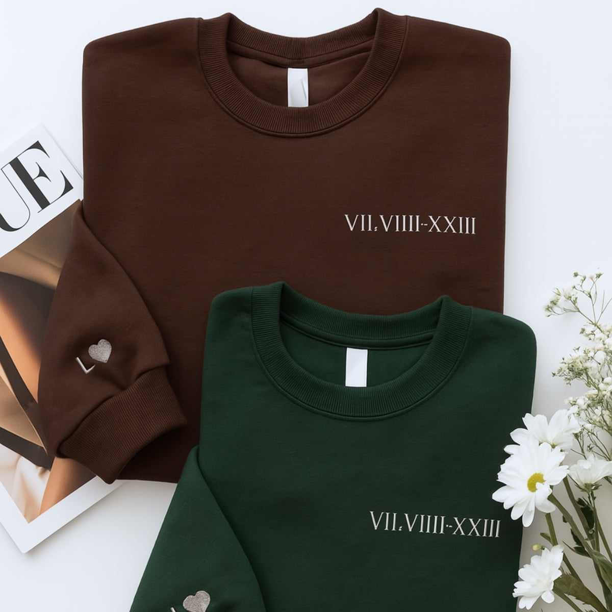 Custom Couples Crewneck Sweatshirts - Matching Roman Date Embroidered - Anniversary Valentine's Gift