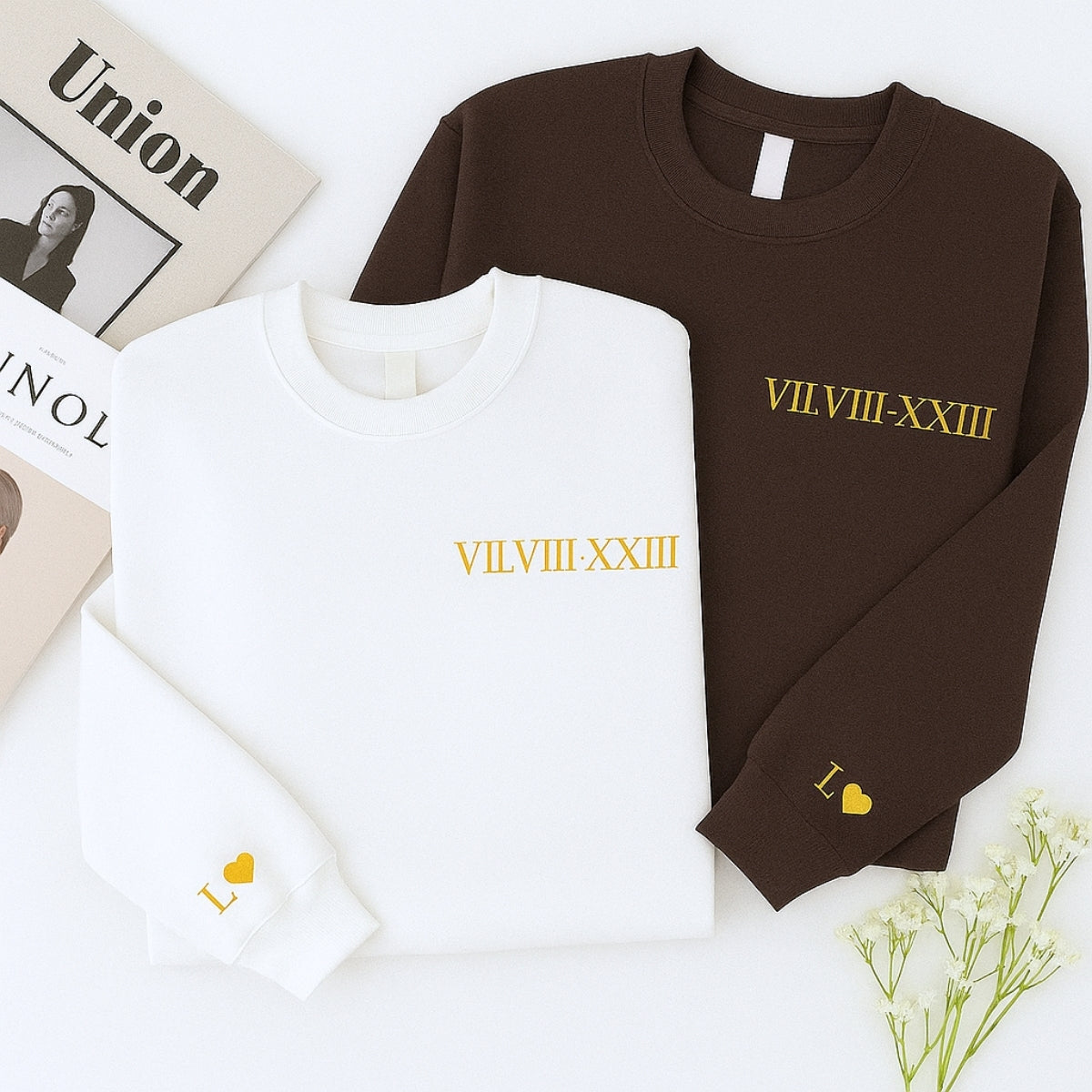 Custom Couples Crewneck Sweatshirts - Matching Roman Date Embroidered - Anniversary Valentine's Gift