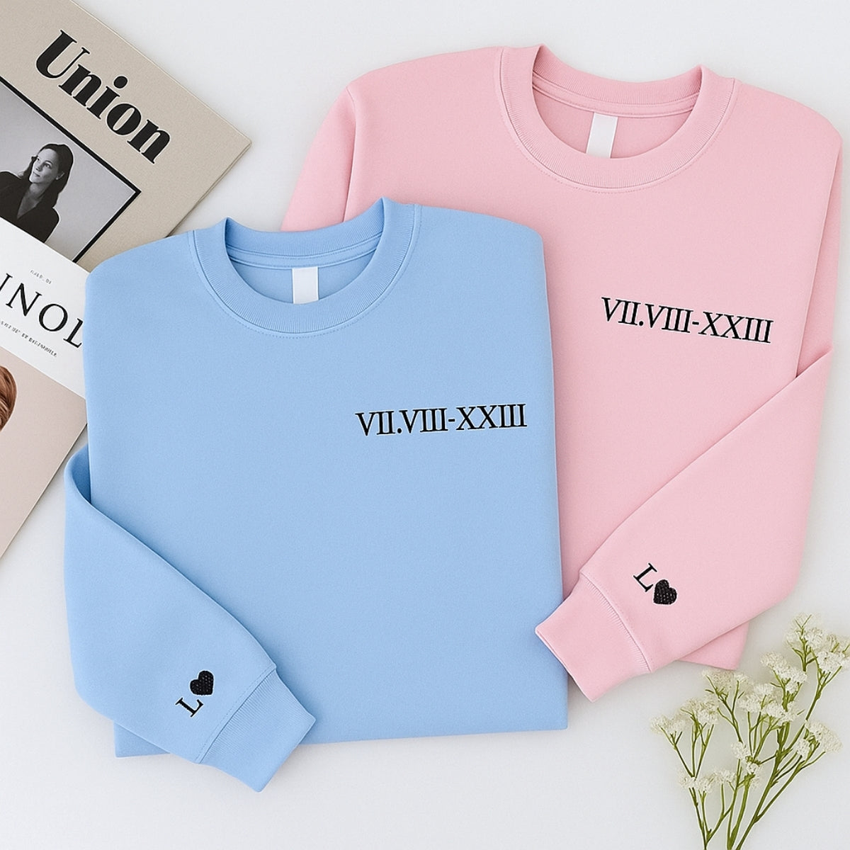 Custom Couples Crewneck Sweatshirts - Matching Roman Date Embroidered - Anniversary Valentine's Gift