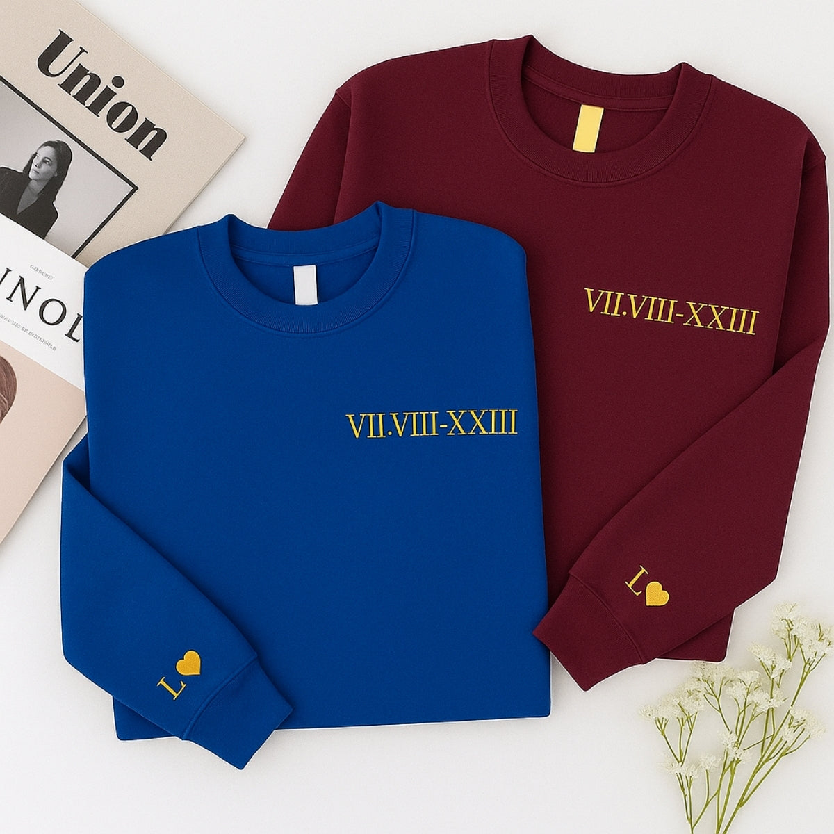 Custom Couples Crewneck Sweatshirts - Matching Roman Date Embroidered - Anniversary Valentine's Gift