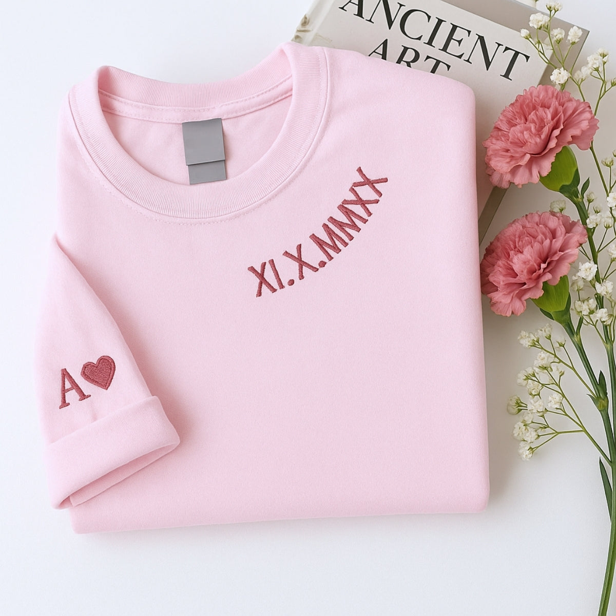 Custom Date Hoodies - Roman Numeral Pink Couples Embroidered Sweatshirts - Anniversary Gift
