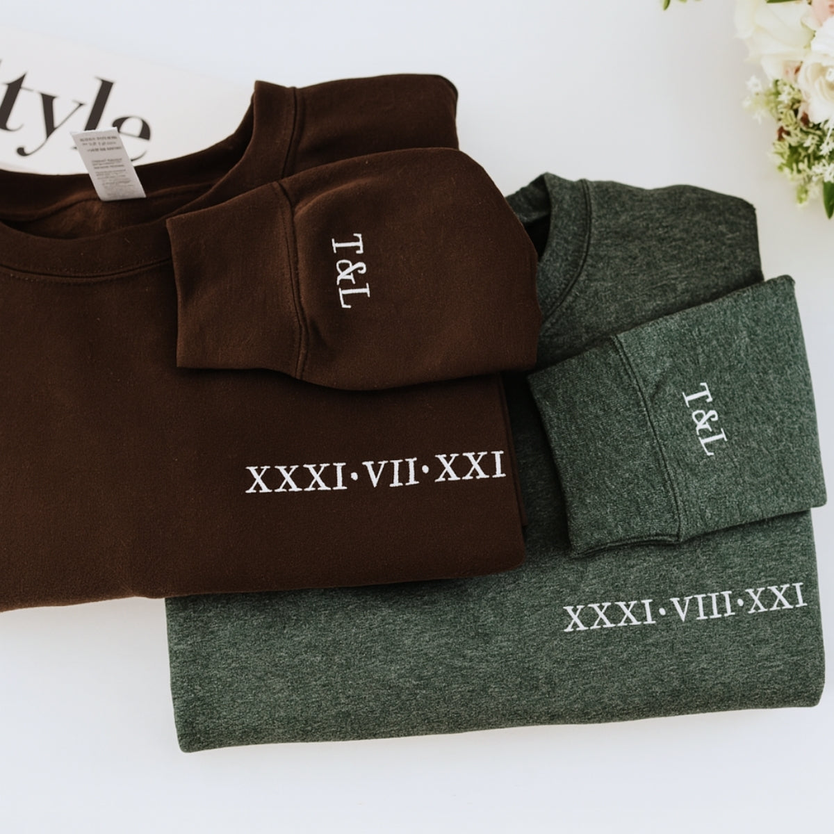 Custom Date Hoodies Couples - Matching Roman Numeral Embroidered Sweatshirts - Anniversary Valentine's Gift