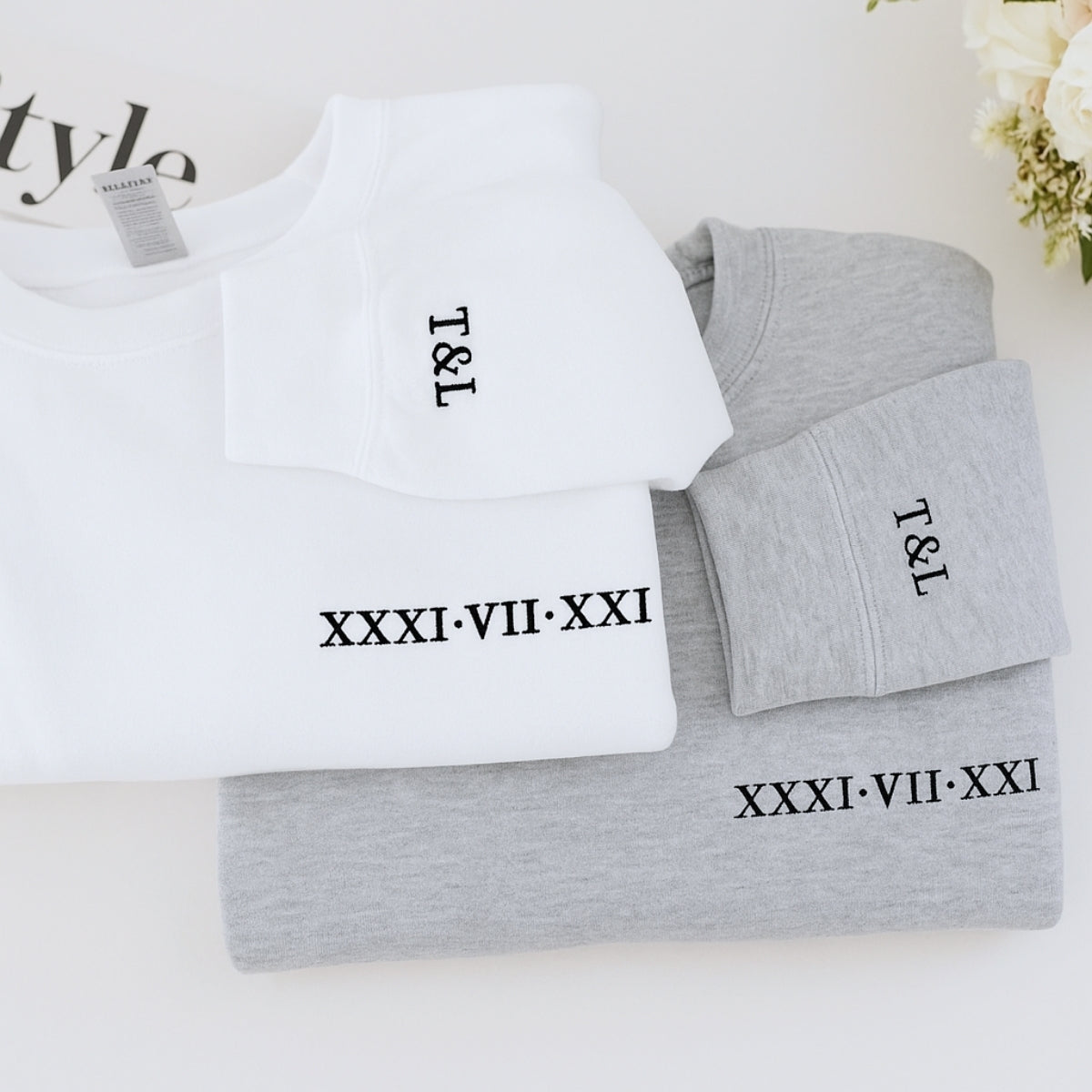 Custom Date Hoodies Couples - Matching Roman Numeral Embroidered Sweatshirts - Anniversary Valentine's Gift