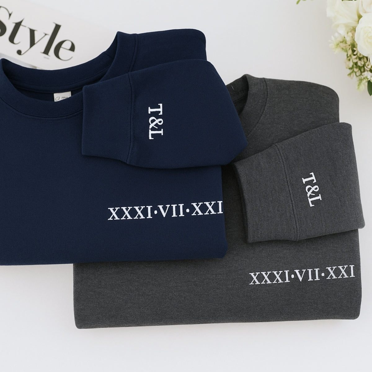 Custom Date Hoodies Couples - Matching Roman Numeral Embroidered Sweatshirts - Anniversary Valentine's Gift