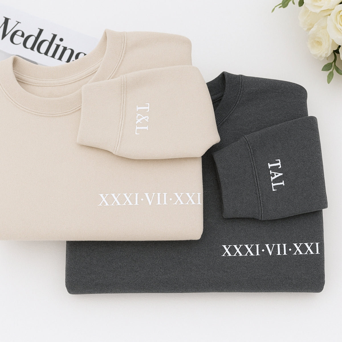 Custom Date Hoodies Couples - Matching Roman Numeral Embroidered Sweatshirts - Anniversary Valentine's Gift