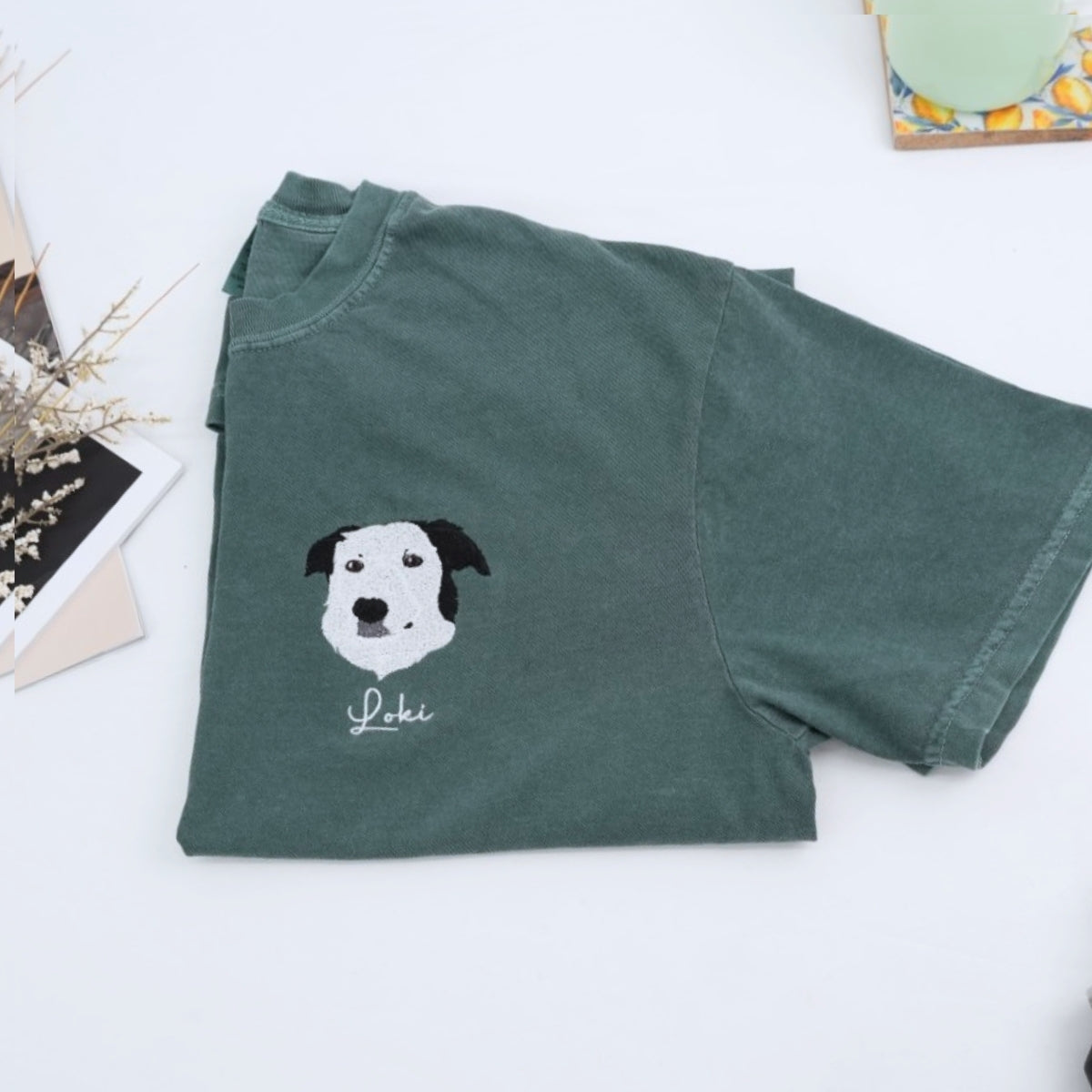 Custom Dog Portrait T-Shirts - Personalized Pet Face Embroidery with Name - Dog Lover Memorial Gift
