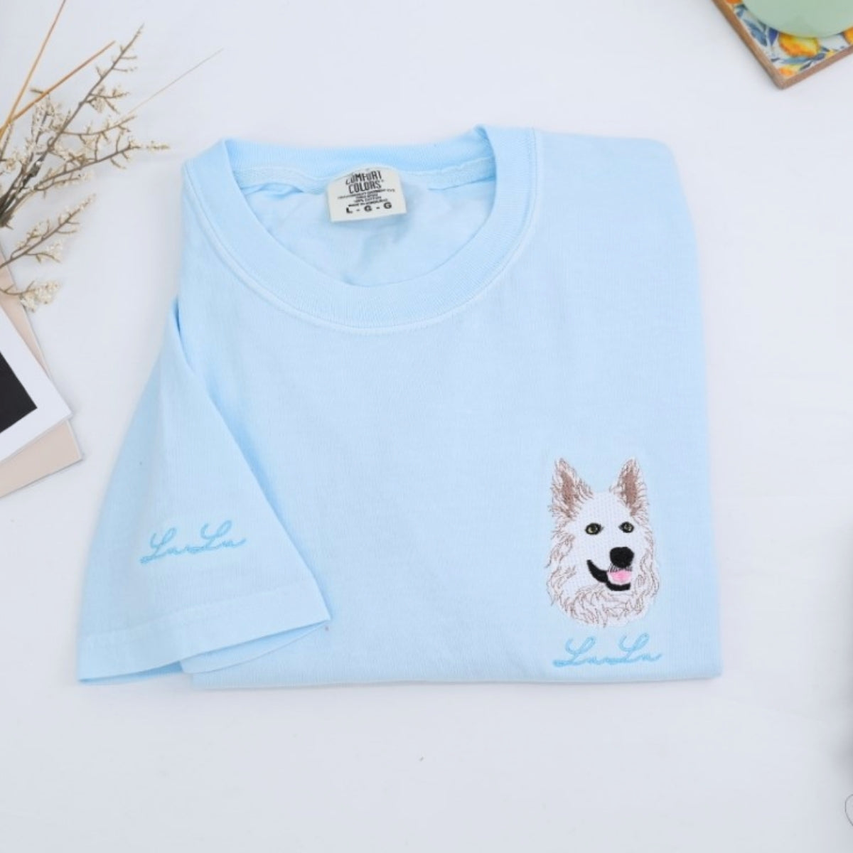 Custom Dog Portrait T-Shirts - Pet Face Embroidery with Name on Sleeve - Personalized Dog Lover Gift