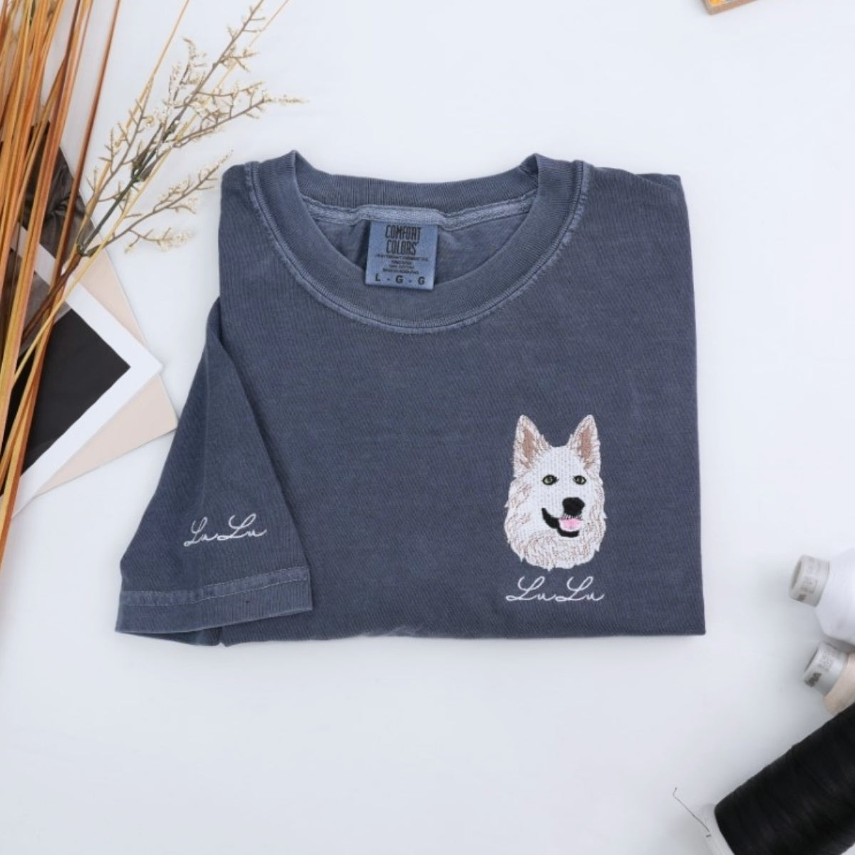 Custom Dog Portrait T-Shirts - Pet Face Embroidery with Name on Sleeve - Personalized Dog Lover Gift