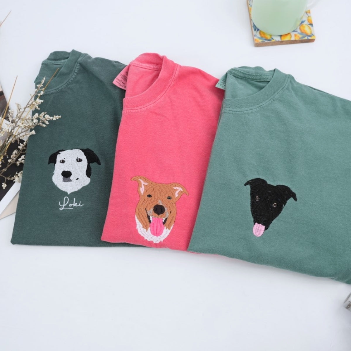 Custom Dog Portrait T-Shirts - Photo to Embroidery Pet Face with Name - Personalized Dog Lover Gift