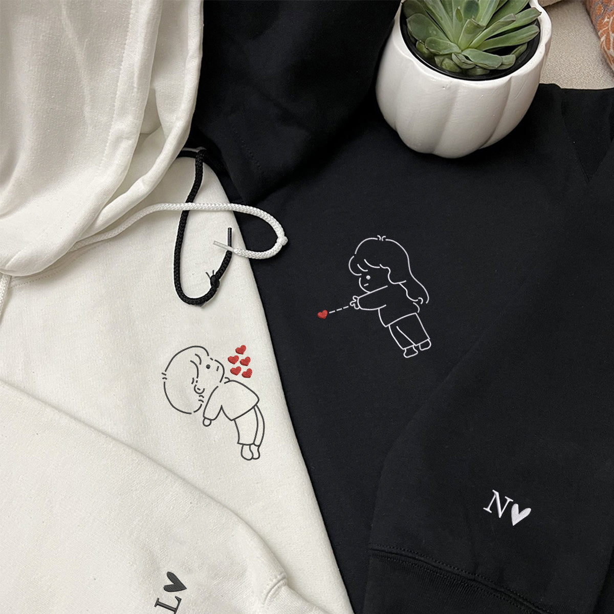 Sweats à capuche assortis brodés personnalisés avec ange et chat démon pour couples