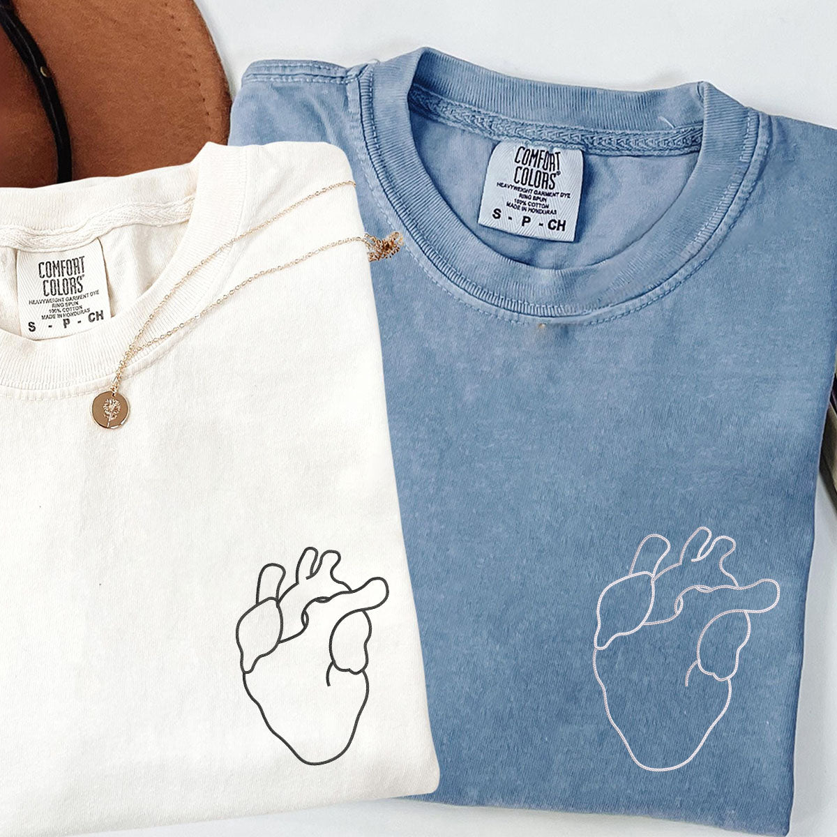 Custom Embroidered Anatomical Heart Matching T-shirts for Couples