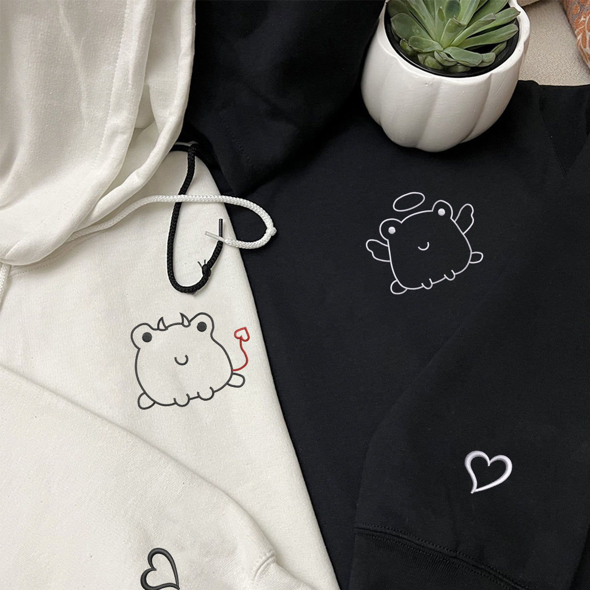Custom Embroidered Angel & Devil Frog Matching Hoodies for Couples