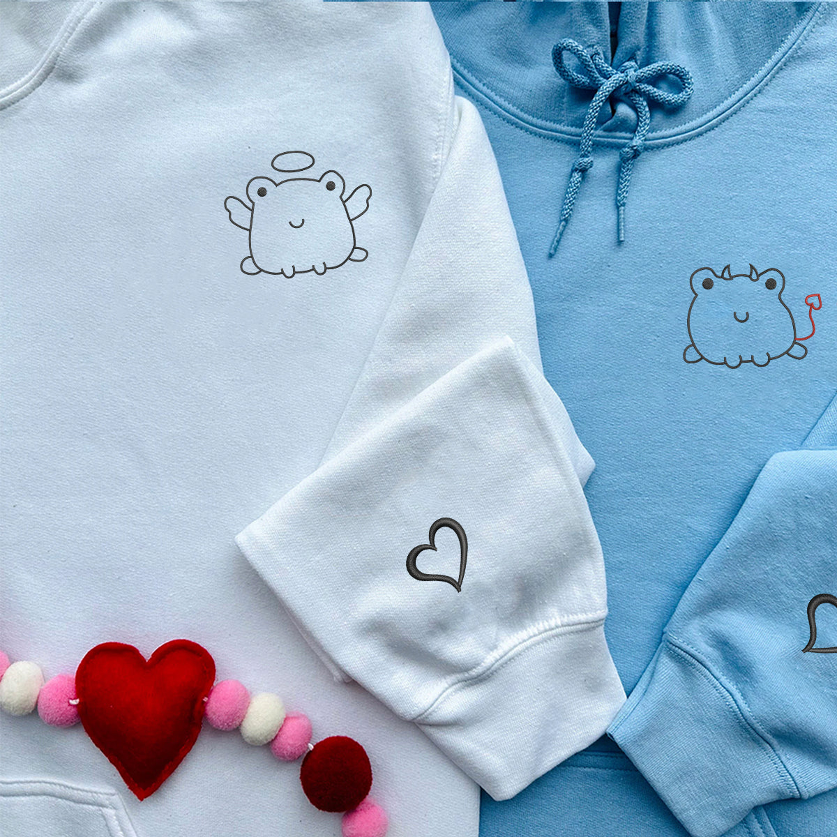 Custom Embroidered Angel & Devil Frog Matching Hoodies for Couples