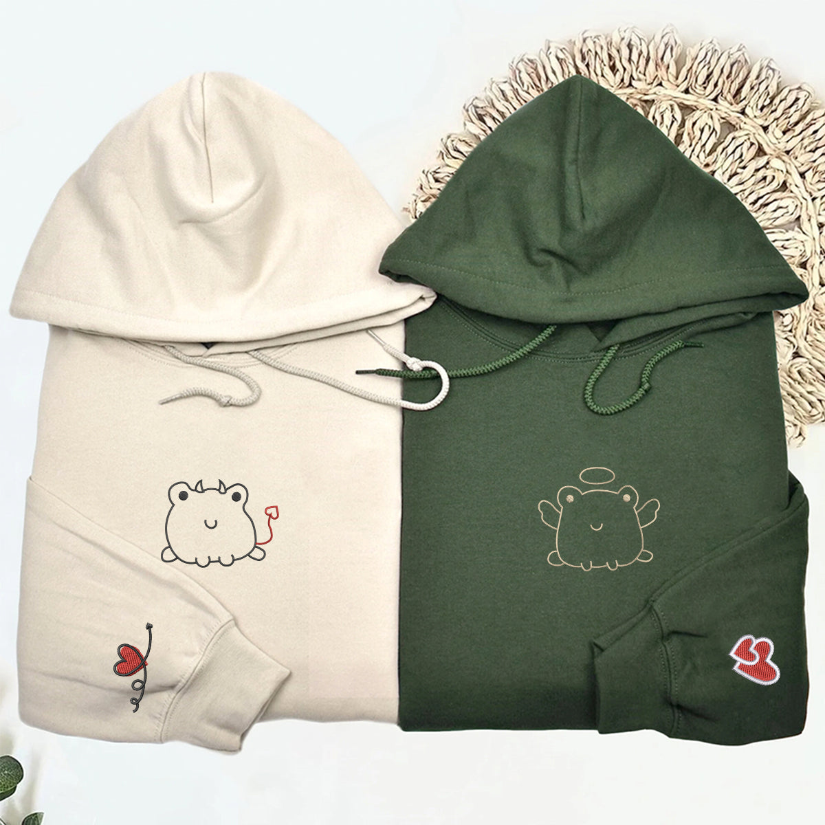 Custom Embroidered Angel & Devil Frog Matching Hoodies for Couples