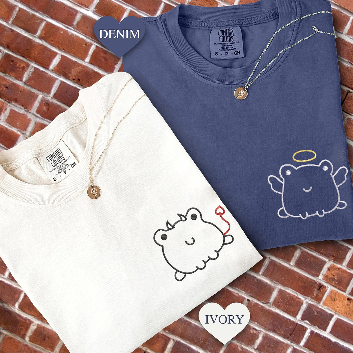 Custom Embroidered Angel & Devil Frog Matching T-shirts for Couples
