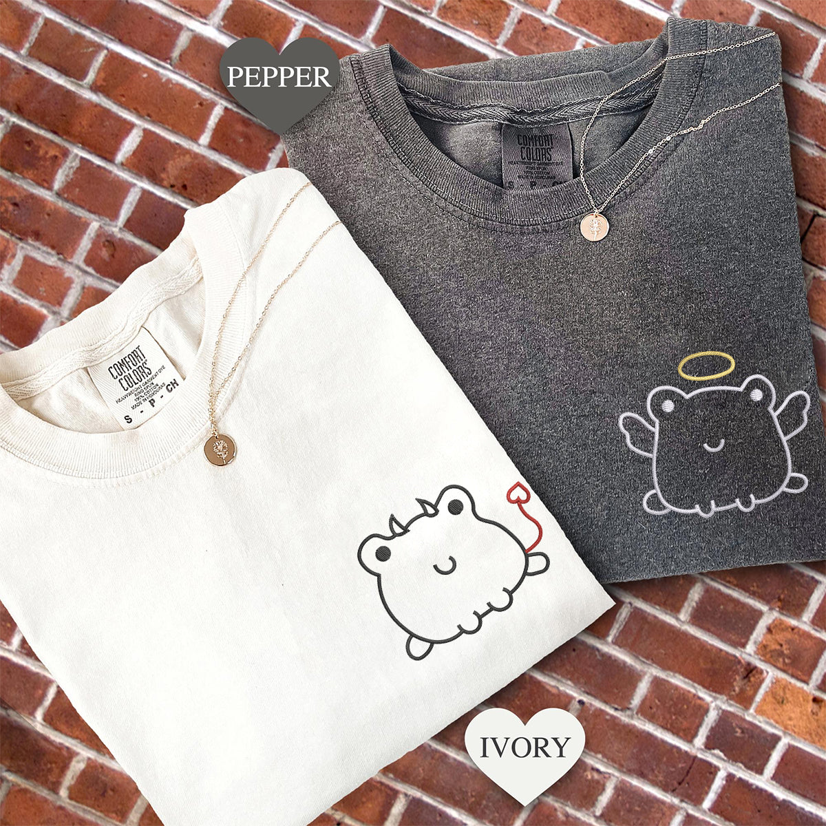 Custom Embroidered Angel & Devil Frog Matching T-shirts for Couples