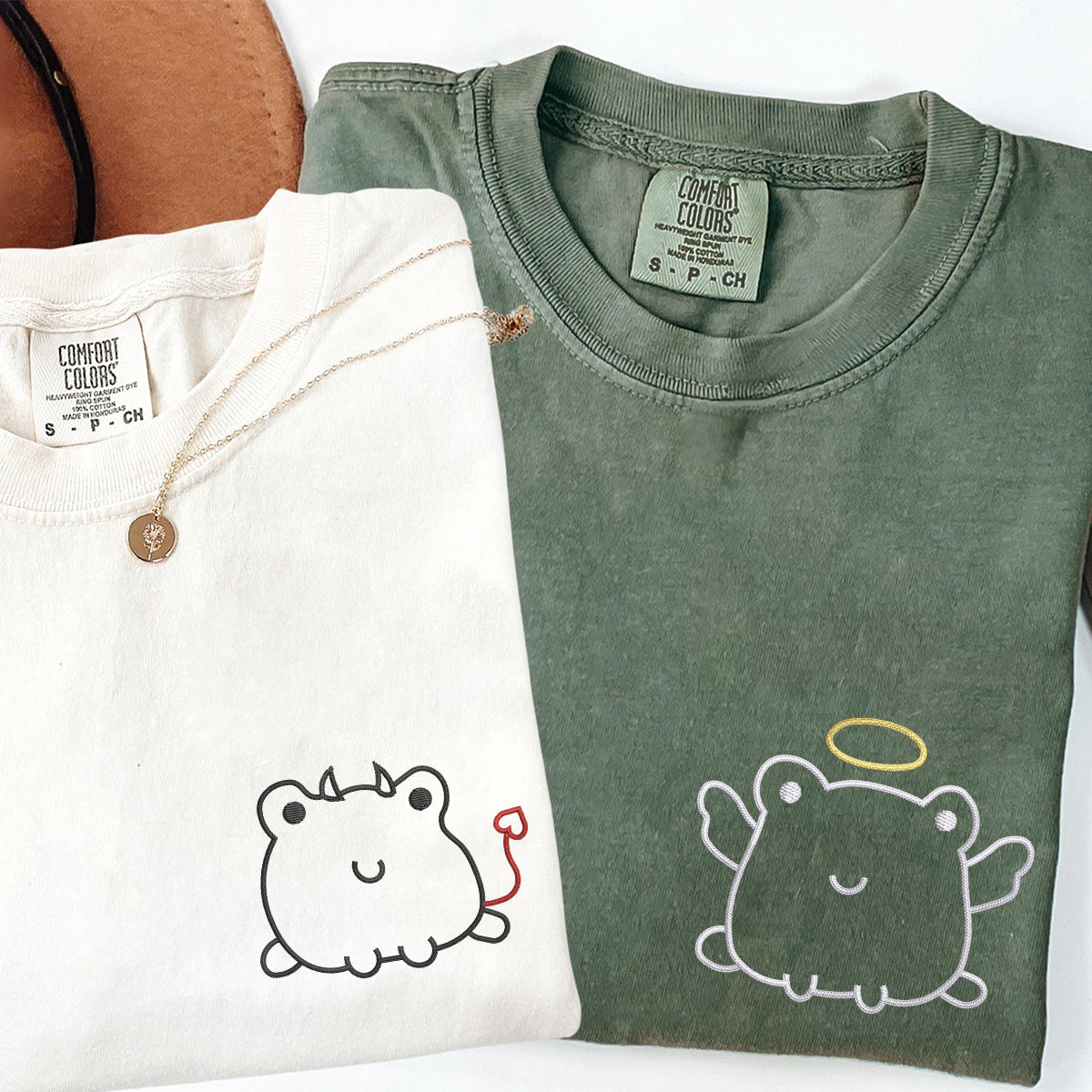 Individuell bestickte Engel &amp; Teufel Frosch passende T-Shirts für Paare