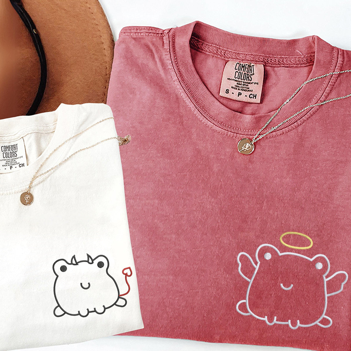 Individuell bestickte Engel &amp; Teufel Frosch passende T-Shirts für Paare
