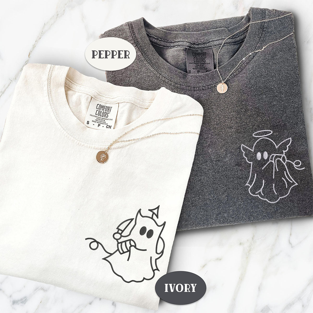 Custom Embroidered Angel Devil Ghost Matching T-shirts for Couples